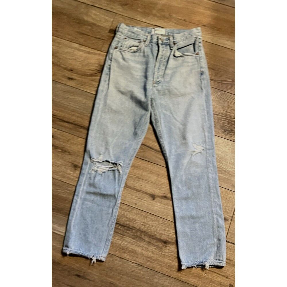 Agolde Womens Riley Button Fly High Rise Distressed Straight Leg Jeans Blue 25